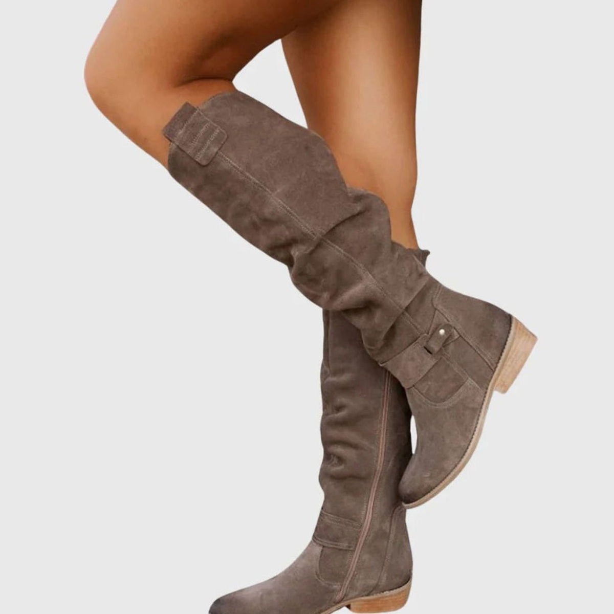 Women's Knee-High Suede-Look Slouch Boots with Stacked Heel and Zip - Grey