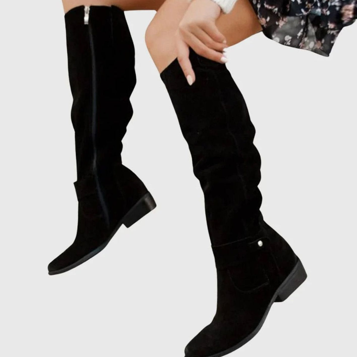 Women's Knee-High Suede-Look Slouch Boots with Stacked Heel and Zip - Black