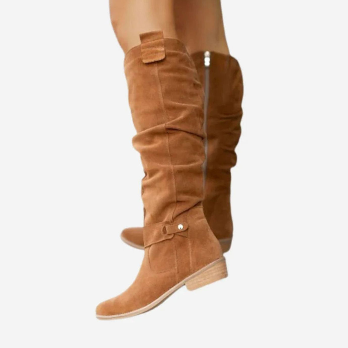 Women's Knee-High Suede-Look Slouch Boots with Stacked Heel and Zip - Brown