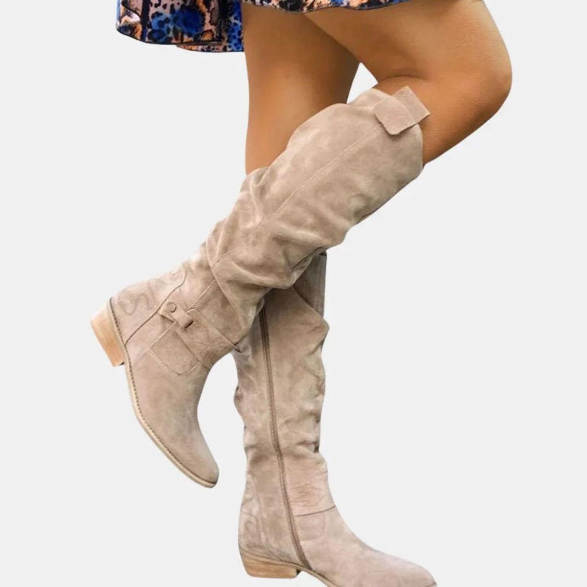 Women's Knee-High Suede-Look Slouch Boots with Stacked Heel and Zip - Beige