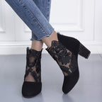 Women's Dressy Floral Lace Suede Boots with Steady Block Heel