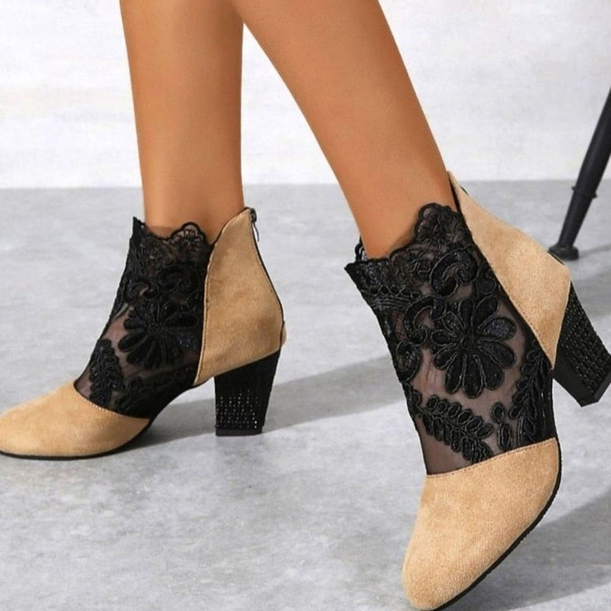 Women's Dressy Floral Lace Suede Boots with Steady Block Heel - Yellow