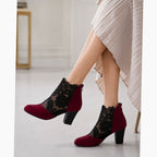 Women's Dressy Floral Lace Suede Boots with Steady Block Heel