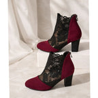 Women's Dressy Floral Lace Suede Boots with Steady Block Heel