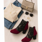 Women's Dressy Floral Lace Suede Boots with Steady Block Heel