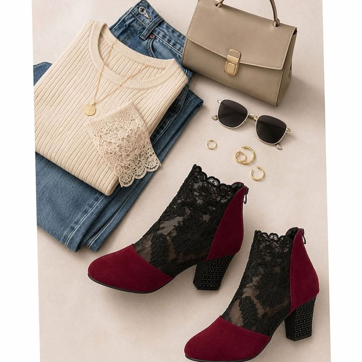 Women's Dressy Floral Lace Suede Boots with Steady Block Heel