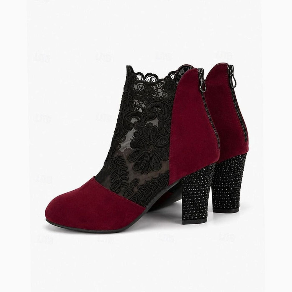 Women's Dressy Floral Lace Suede Boots with Steady Block Heel