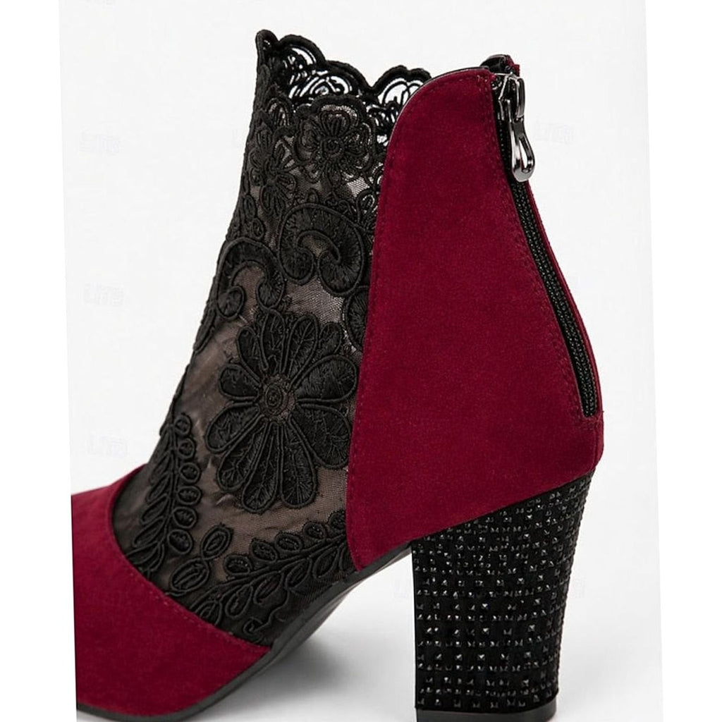 Women's Dressy Floral Lace Suede Boots with Steady Block Heel