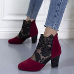 Women's Dressy Floral Lace Suede Boots with Steady Block Heel - Wine