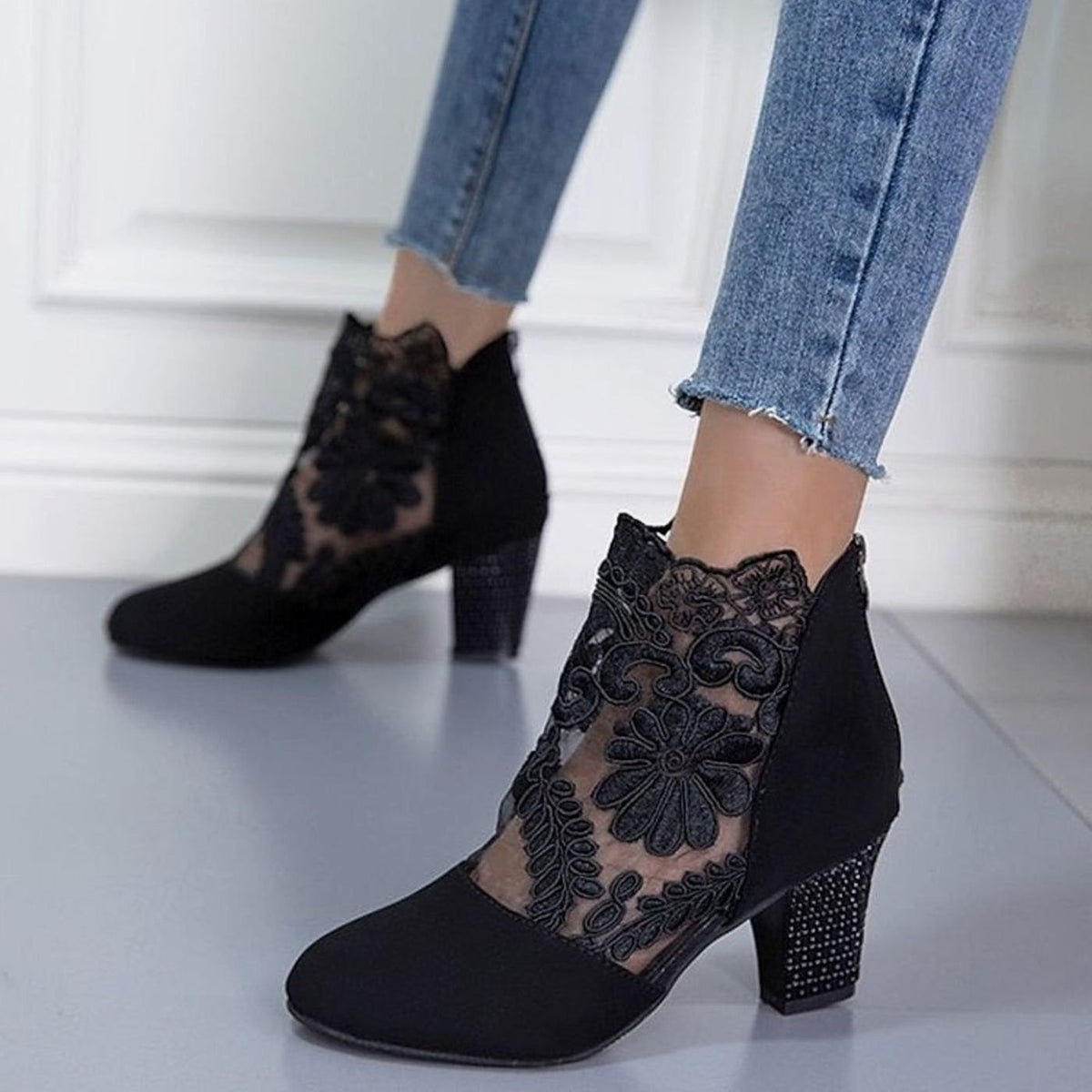 Women's Dressy Floral Lace Suede Boots with Steady Block Heel - Black