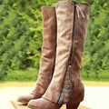 Women's Romantic Lace-Trimmed Block Heel Knee-High Boots - Brown