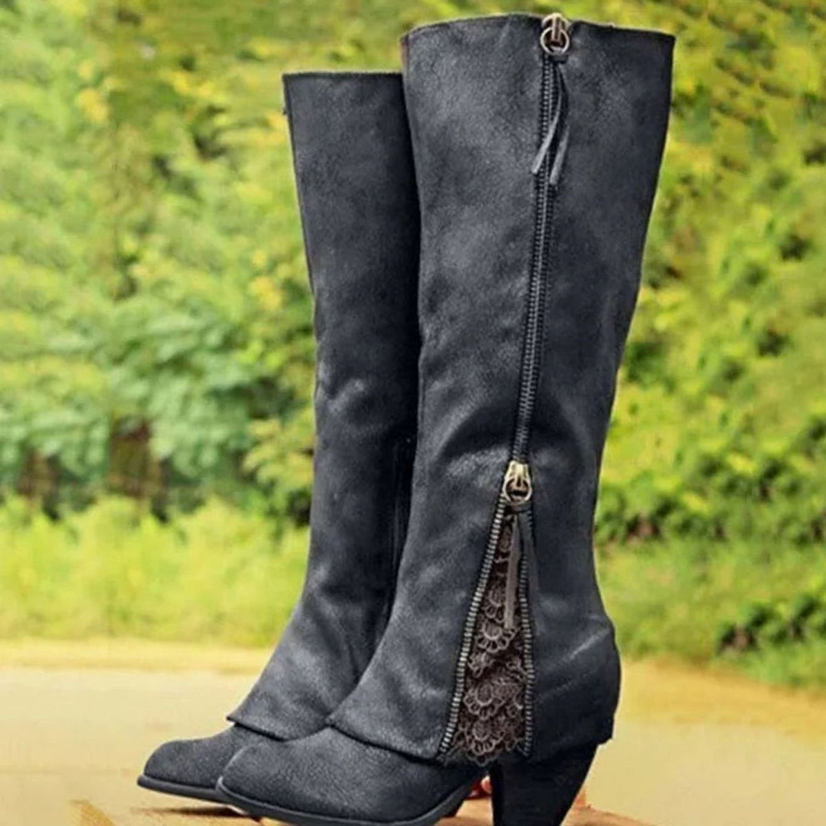 Women's Romantic Lace-Trimmed Block Heel Knee-High Boots - Black
