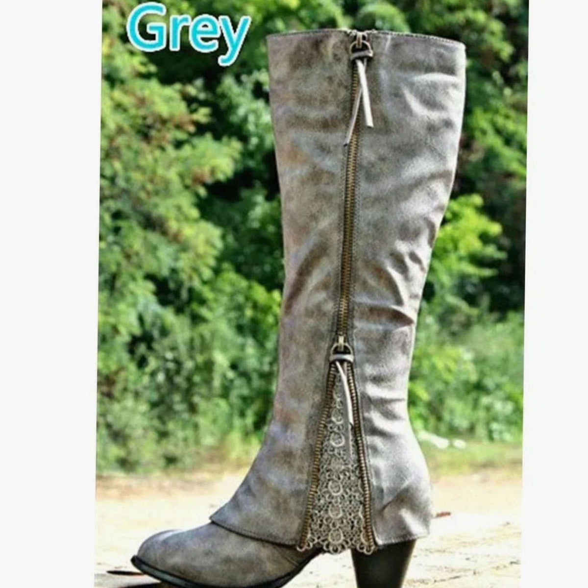 Women's Romantic Lace-Trimmed Block Heel Knee-High Boots - Grey