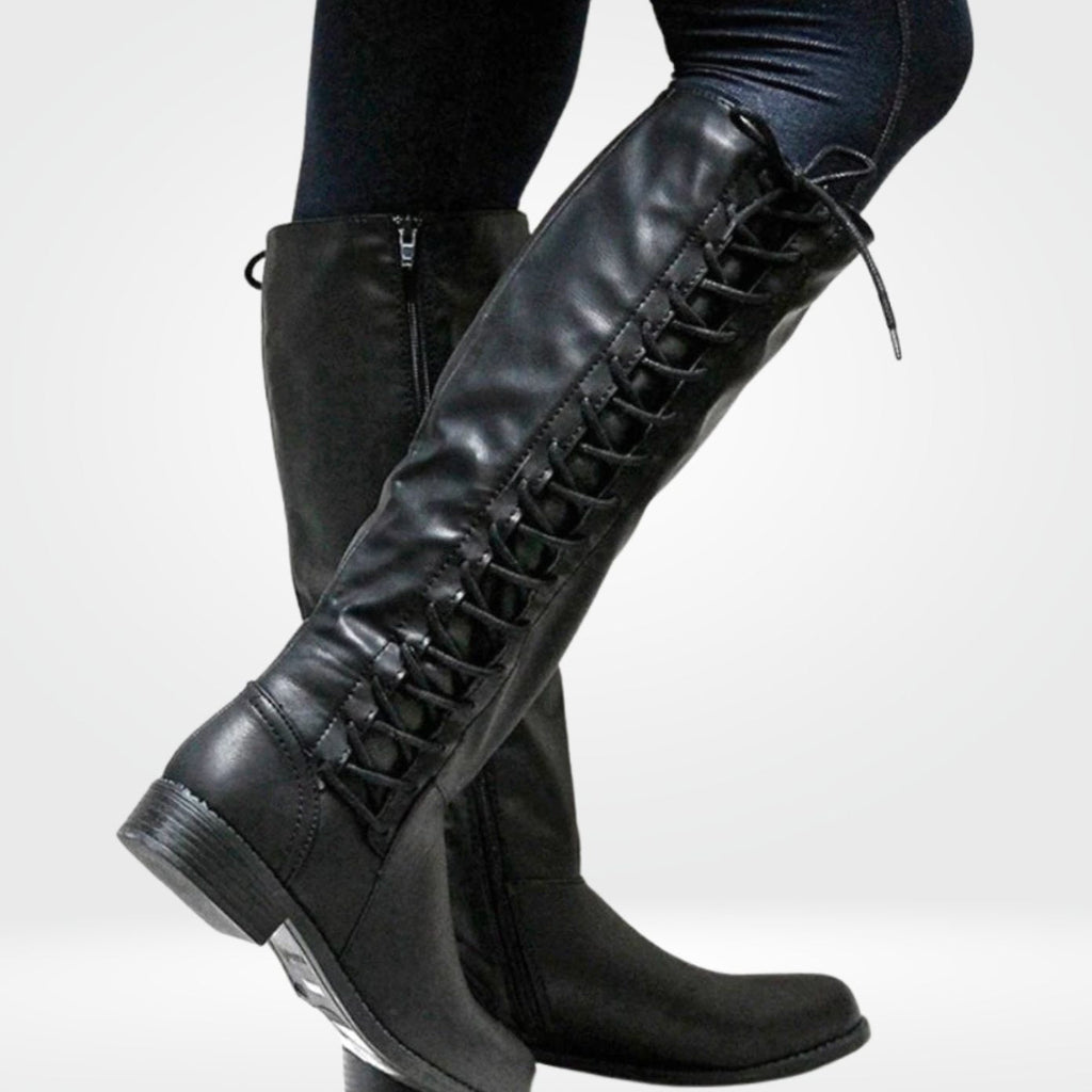Women's Cushioned-Insole Knee-High Boots with Decorative Back Lacing - Black