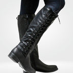 Women's Cushioned-Insole Knee-High Boots with Decorative Back Lacing - Black