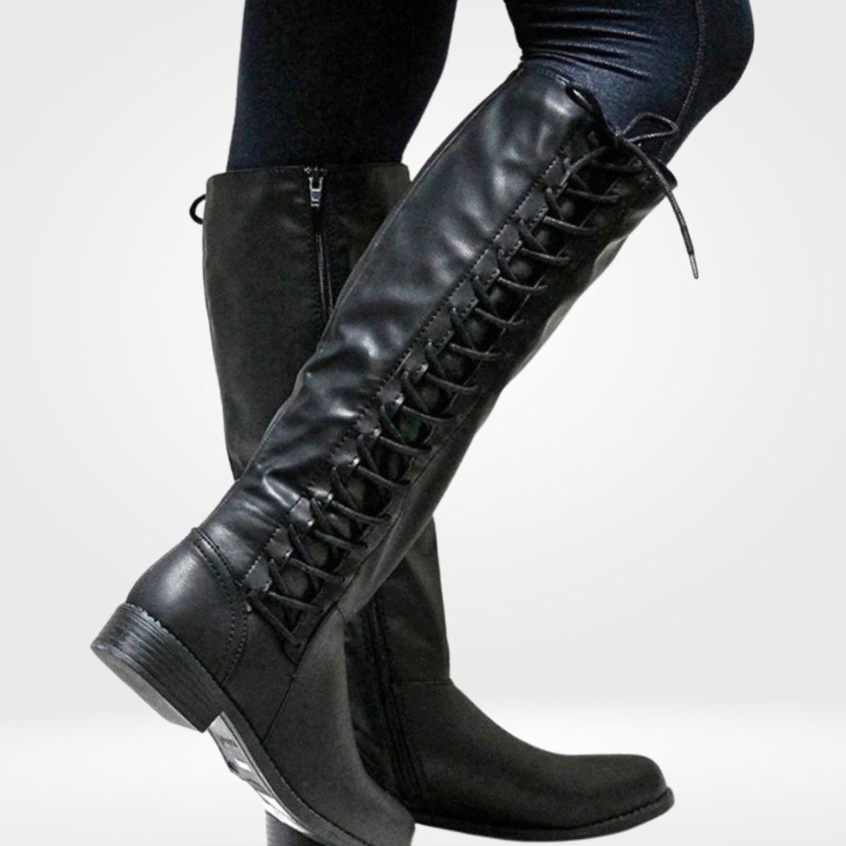 Women's Cushioned-Insole Knee-High Boots with Decorative Back Lacing - Black