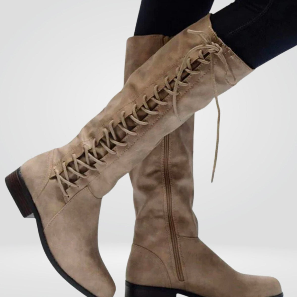 Women's Cushioned-Insole Knee-High Boots with Decorative Back Lacing - Beige