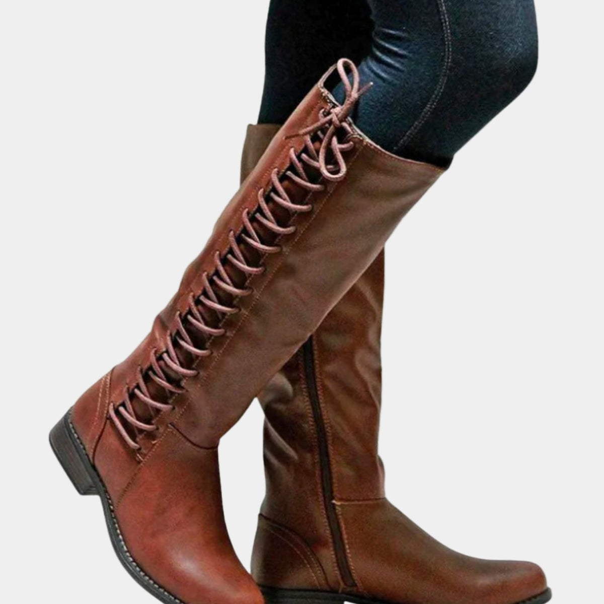 Women's Cushioned-Insole Knee-High Boots with Decorative Back Lacing - Brown