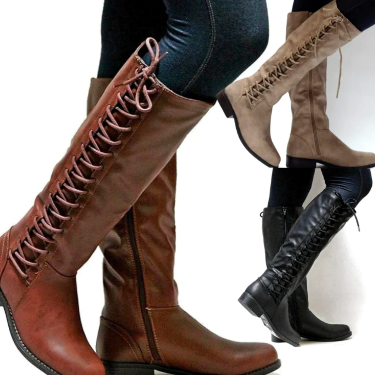 Women's Cushioned-Insole Knee-High Boots with Decorative Back Lacing