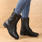Women's Wipe-Clean Faux Leather Mid-Calf Boots with Lace and Zip