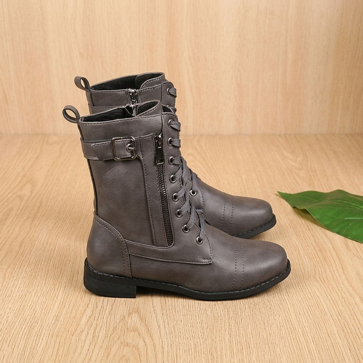 Women's Wipe-Clean Faux Leather Mid-Calf Boots with Lace and Zip