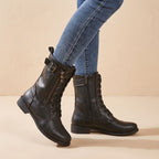 Women's Wipe-Clean Faux Leather Mid-Calf Boots with Lace and Zip