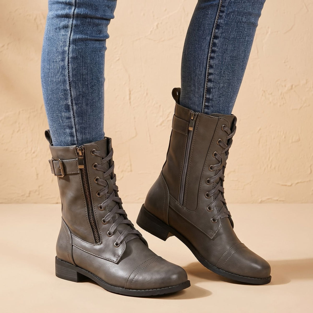 Women's Wipe-Clean Faux Leather Mid-Calf Boots with Lace and Zip