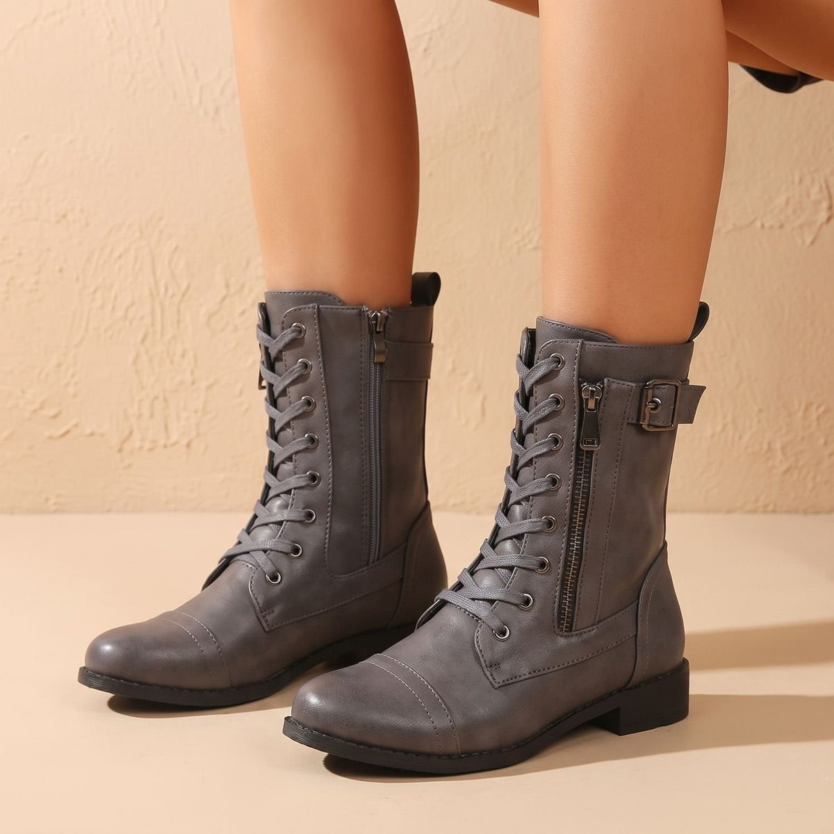 Women's Wipe-Clean Faux Leather Mid-Calf Boots with Lace and Zip
