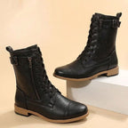 Women's Wipe-Clean Faux Leather Mid-Calf Boots with Lace and Zip - Brown
