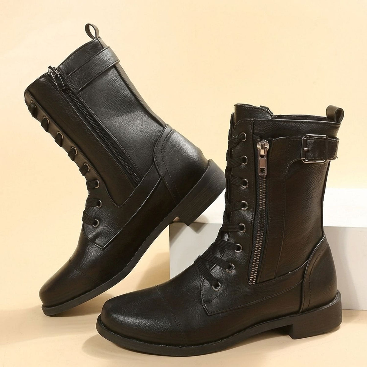 Women's Wipe-Clean Faux Leather Mid-Calf Boots with Lace and Zip - Black