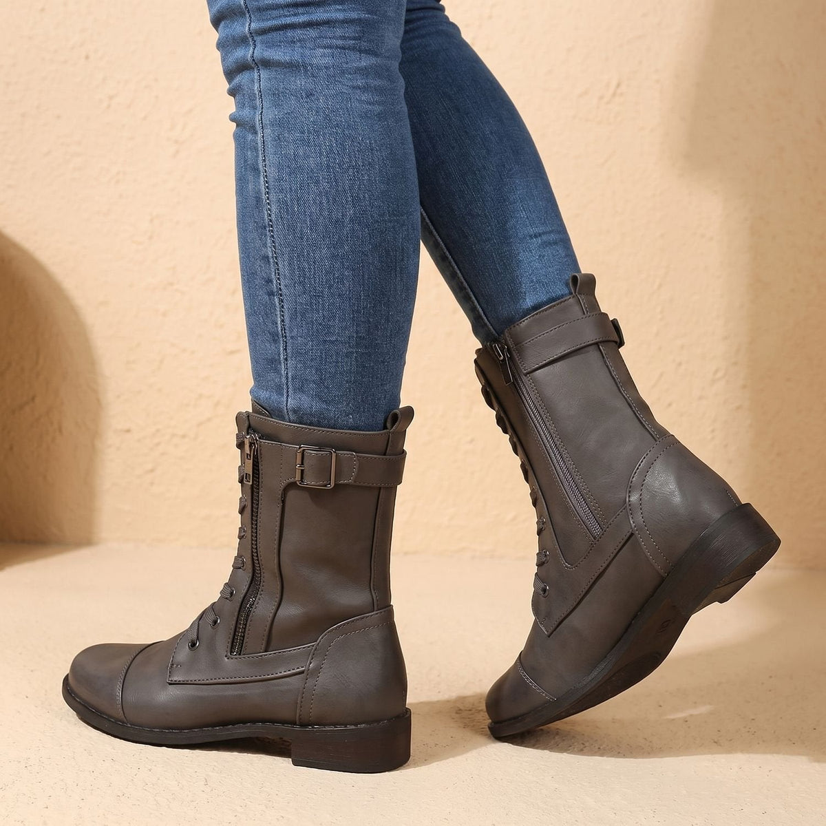 Women's Wipe-Clean Faux Leather Mid-Calf Boots with Lace and Zip - Grey