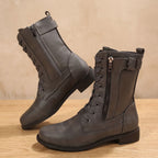 Women's Wipe-Clean Faux Leather Mid-Calf Boots with Lace and Zip