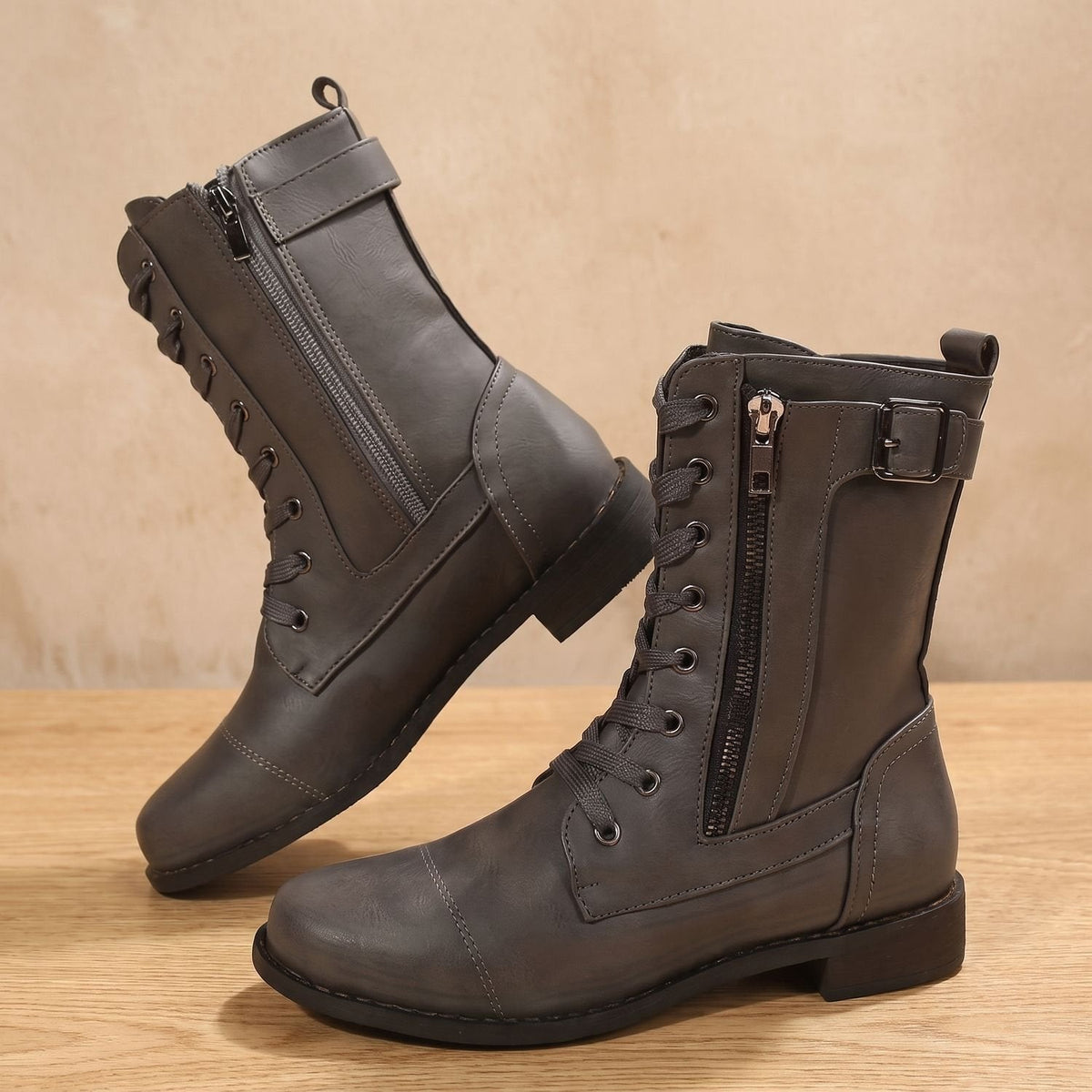 Women's Wipe-Clean Faux Leather Mid-Calf Boots with Lace and Zip