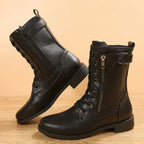 Women's Wipe-Clean Faux Leather Mid-Calf Boots with Lace and Zip