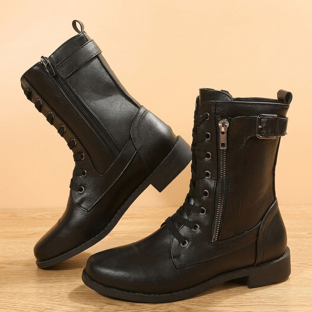 Women's Wipe-Clean Faux Leather Mid-Calf Boots with Lace and Zip