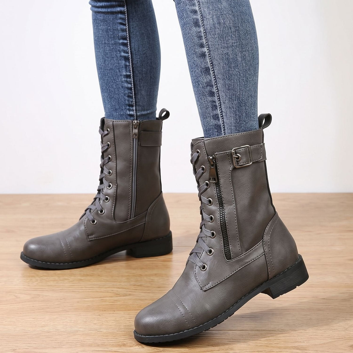 Women's Wipe-Clean Faux Leather Mid-Calf Boots with Lace and Zip