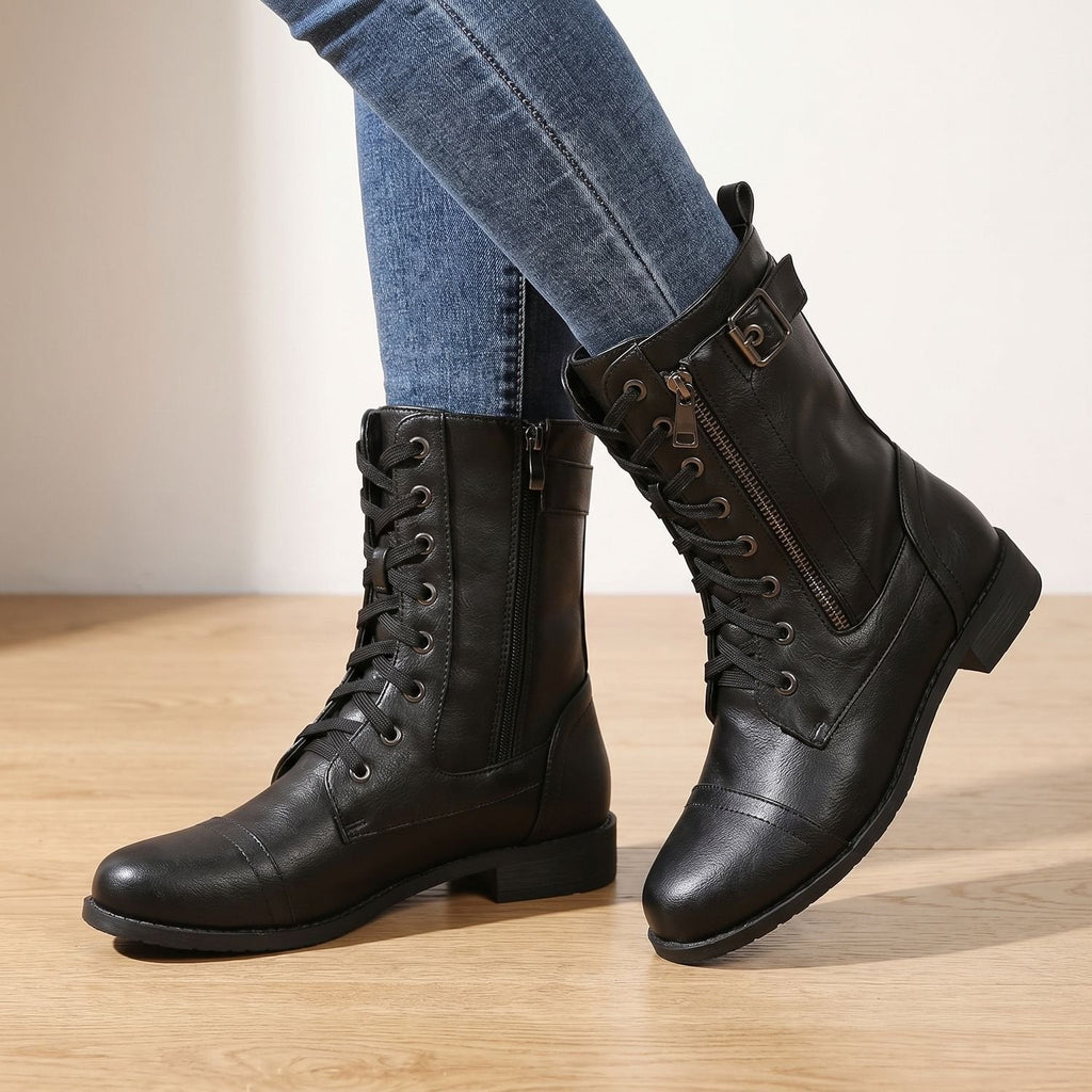 Women's Wipe-Clean Faux Leather Mid-Calf Boots with Lace and Zip