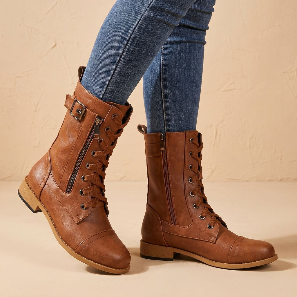 Women's Wipe-Clean Faux Leather Mid-Calf Boots with Lace and Zip