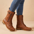 Women's Wipe-Clean Faux Leather Mid-Calf Boots with Lace and Zip