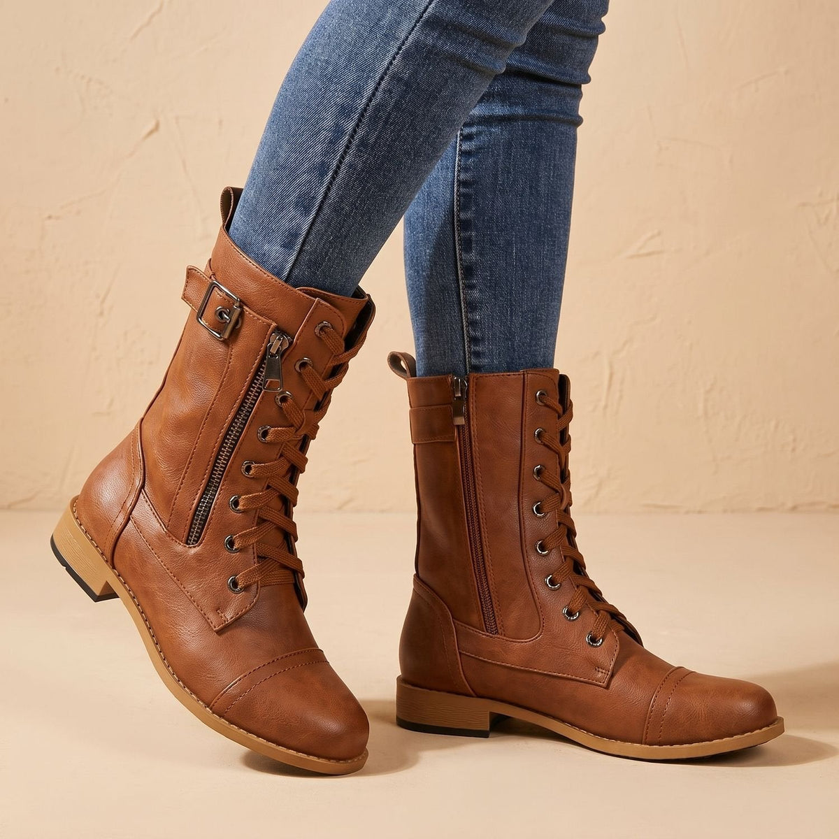 Women's Wipe-Clean Faux Leather Mid-Calf Boots with Lace and Zip