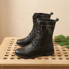 Women's Wipe-Clean Faux Leather Mid-Calf Boots with Lace and Zip