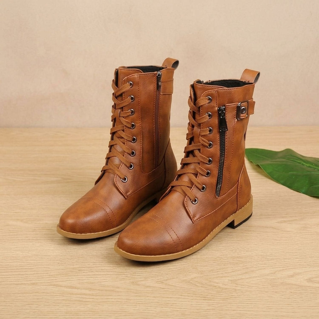 Women's Wipe-Clean Faux Leather Mid-Calf Boots with Lace and Zip