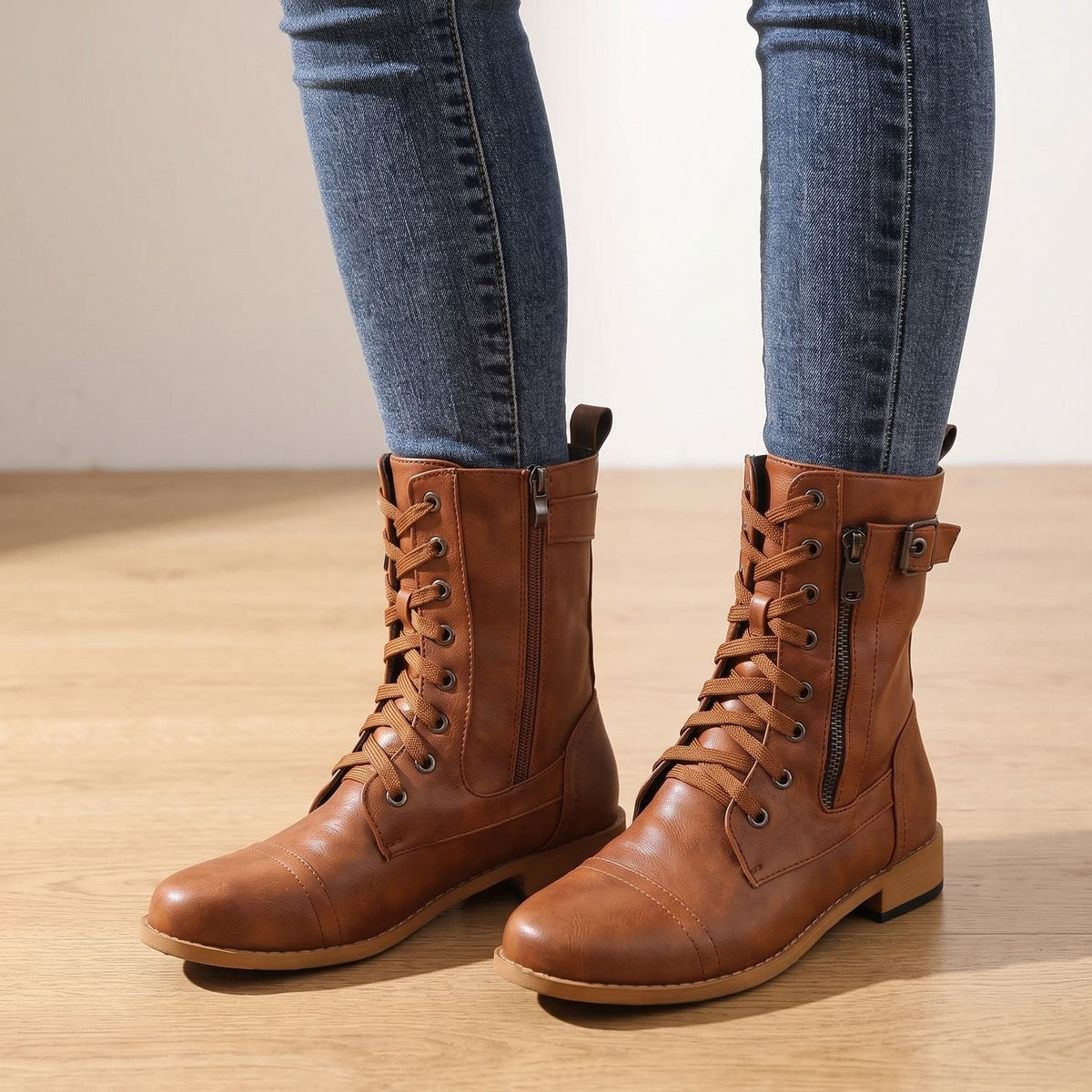 Women's Wipe-Clean Faux Leather Mid-Calf Boots with Lace and Zip