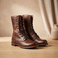 Women's Leather Lace-Up Mid-Calf Boots with Shock-Absorbing Sole - Dark Brown