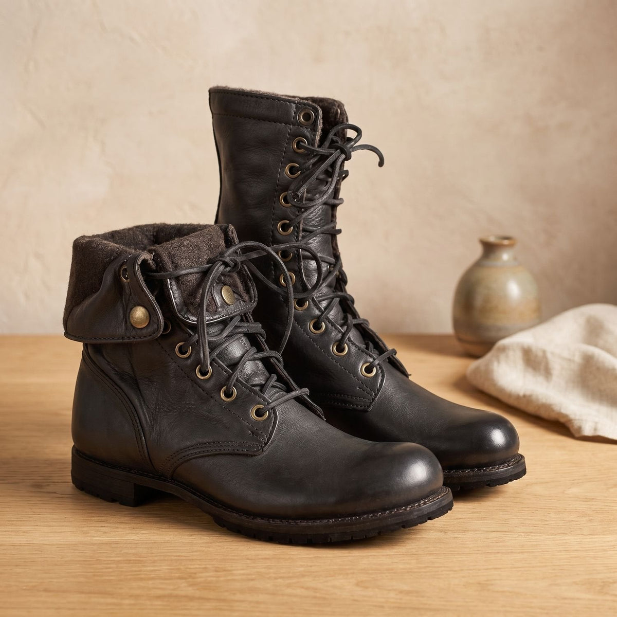 Women's Leather Lace-Up Mid-Calf Boots with Shock-Absorbing Sole - Black