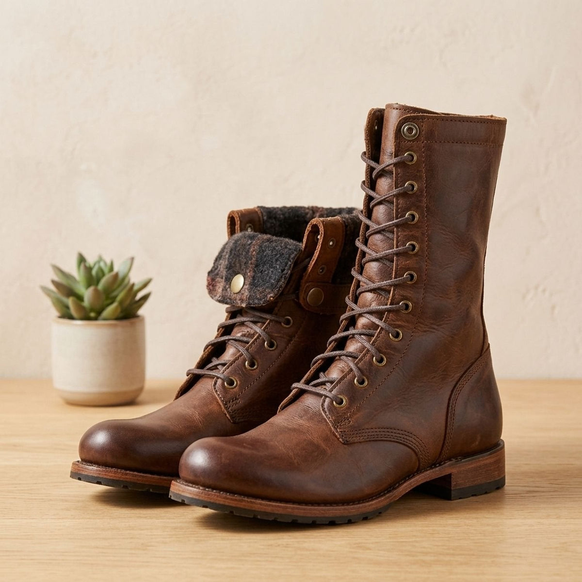 Women's Leather Lace-Up Mid-Calf Boots with Shock-Absorbing Sole