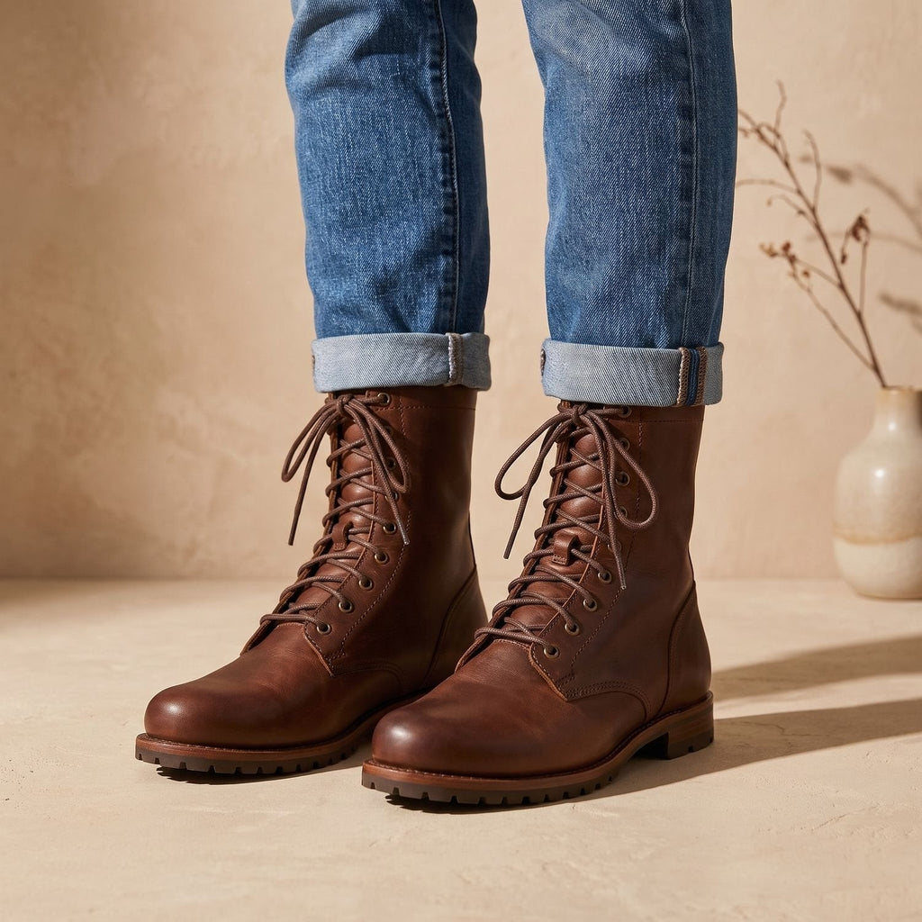 Women's Leather Lace-Up Mid-Calf Boots with Shock-Absorbing Sole