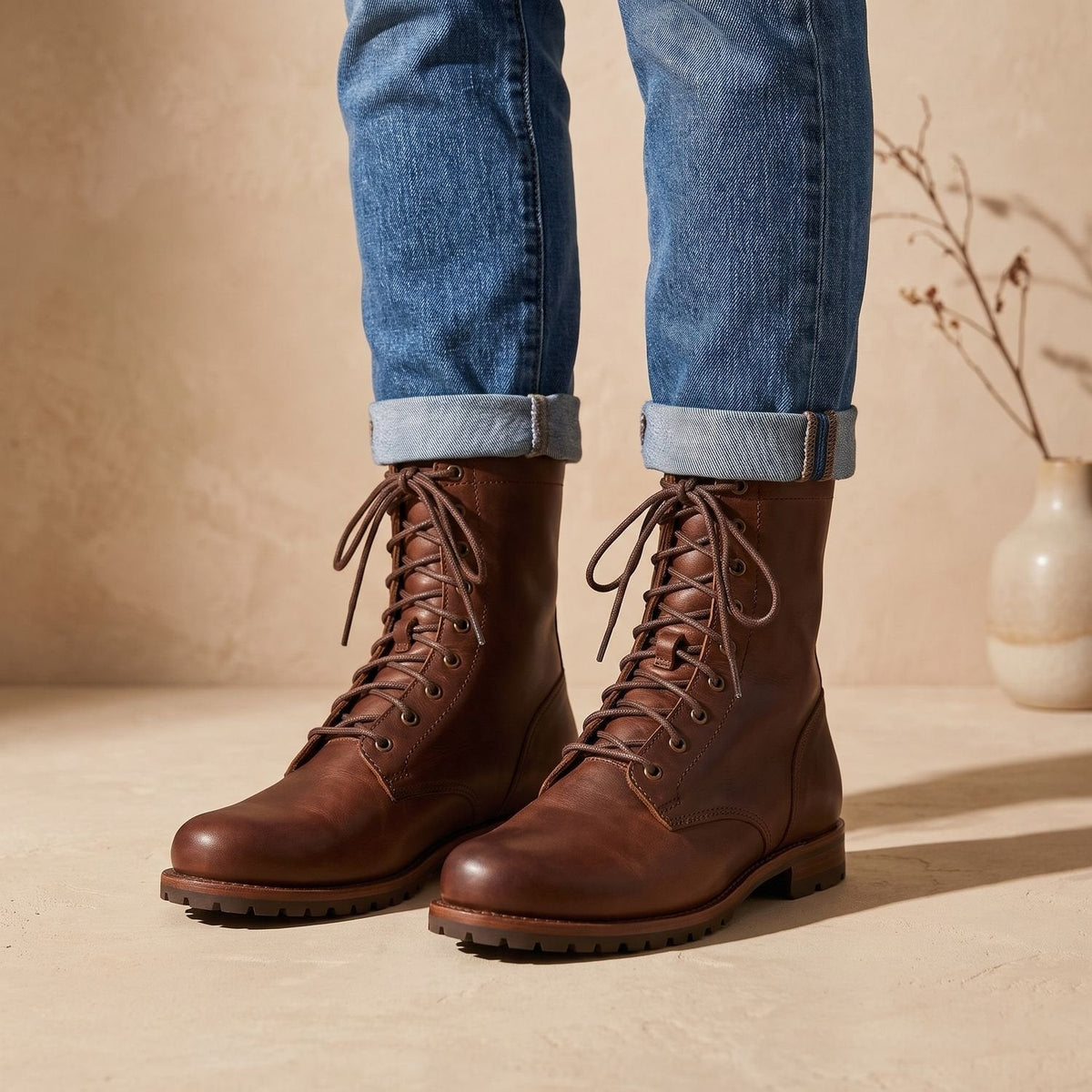 Women's Leather Lace-Up Mid-Calf Boots with Shock-Absorbing Sole