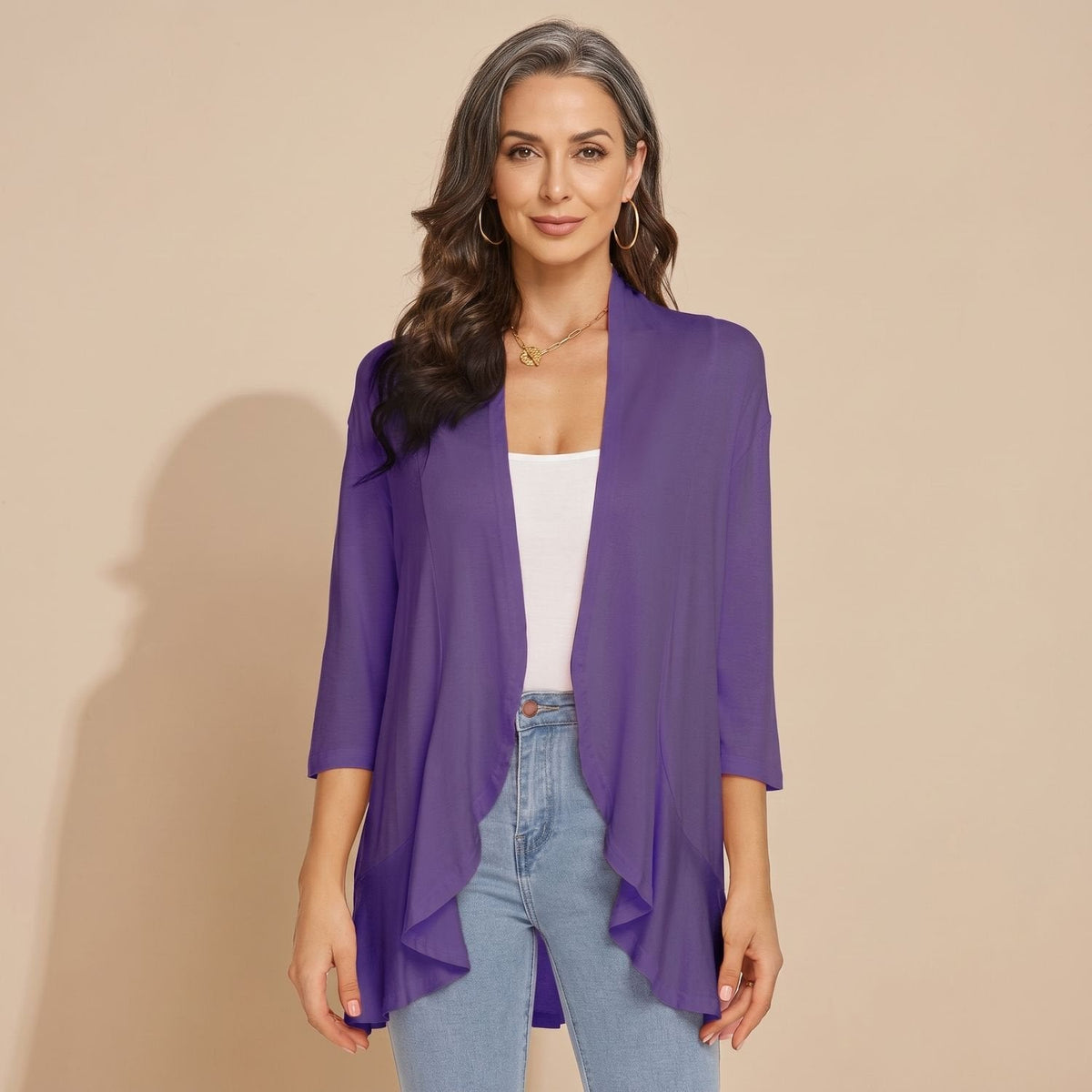 Women's Waterfall-Front Light Cardigan for Cool Summer Evenings - Purple