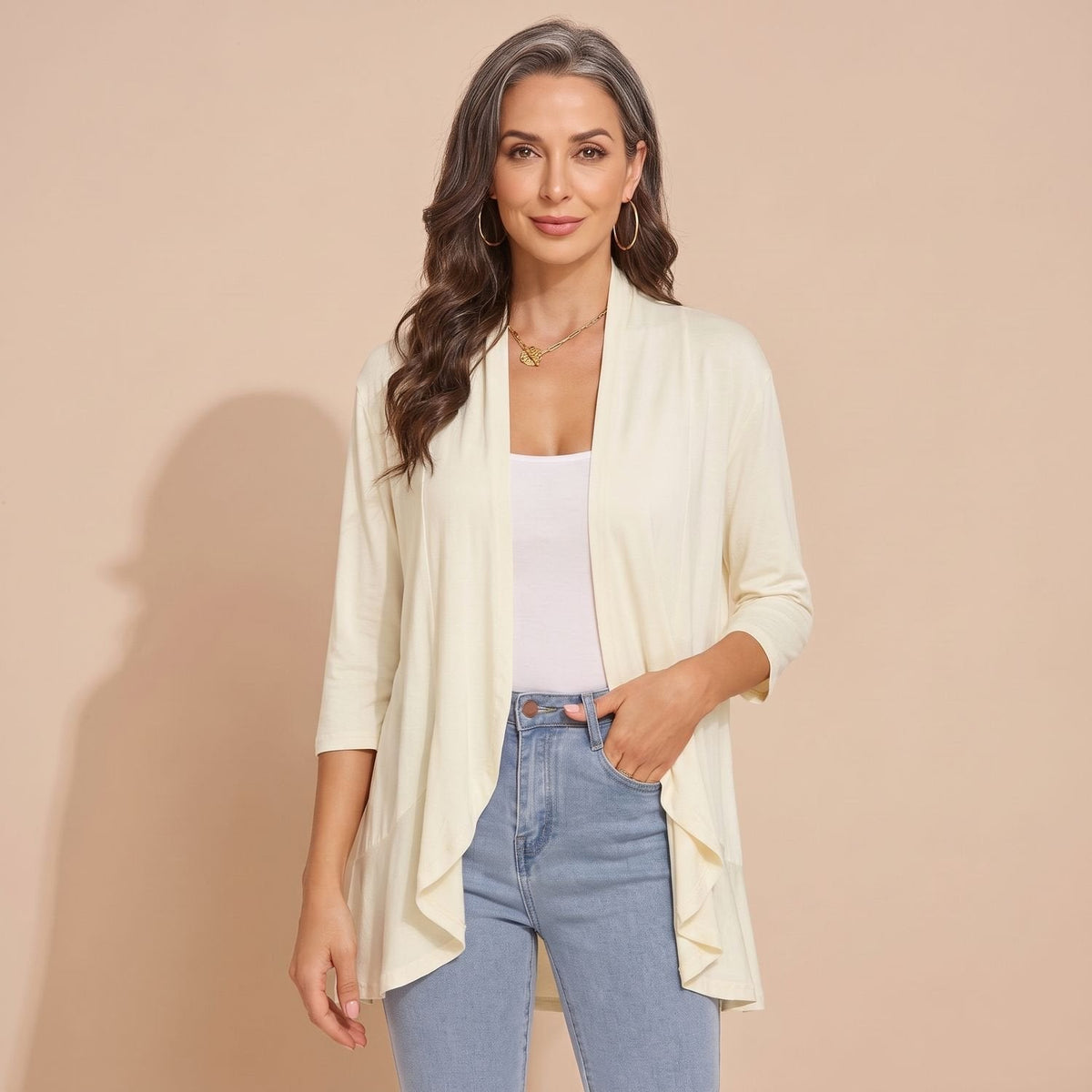 Women's Waterfall-Front Light Cardigan for Cool Summer Evenings - White Beige